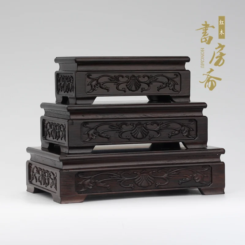 Black Wood Rectangle Flower Carved Bonsai Display Pedestal Vase, Artical Statue, Luxury Collection Base, Classical Design