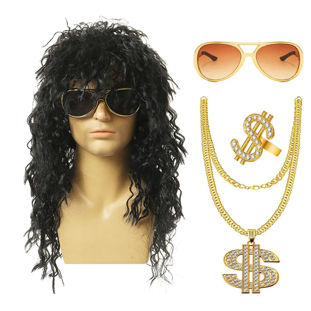 Punk Men Rock Headgear Masquerade Performance Props 80s Retro Cosplay Wig Long Hair Wavy Wig Accessory Halloween Costume