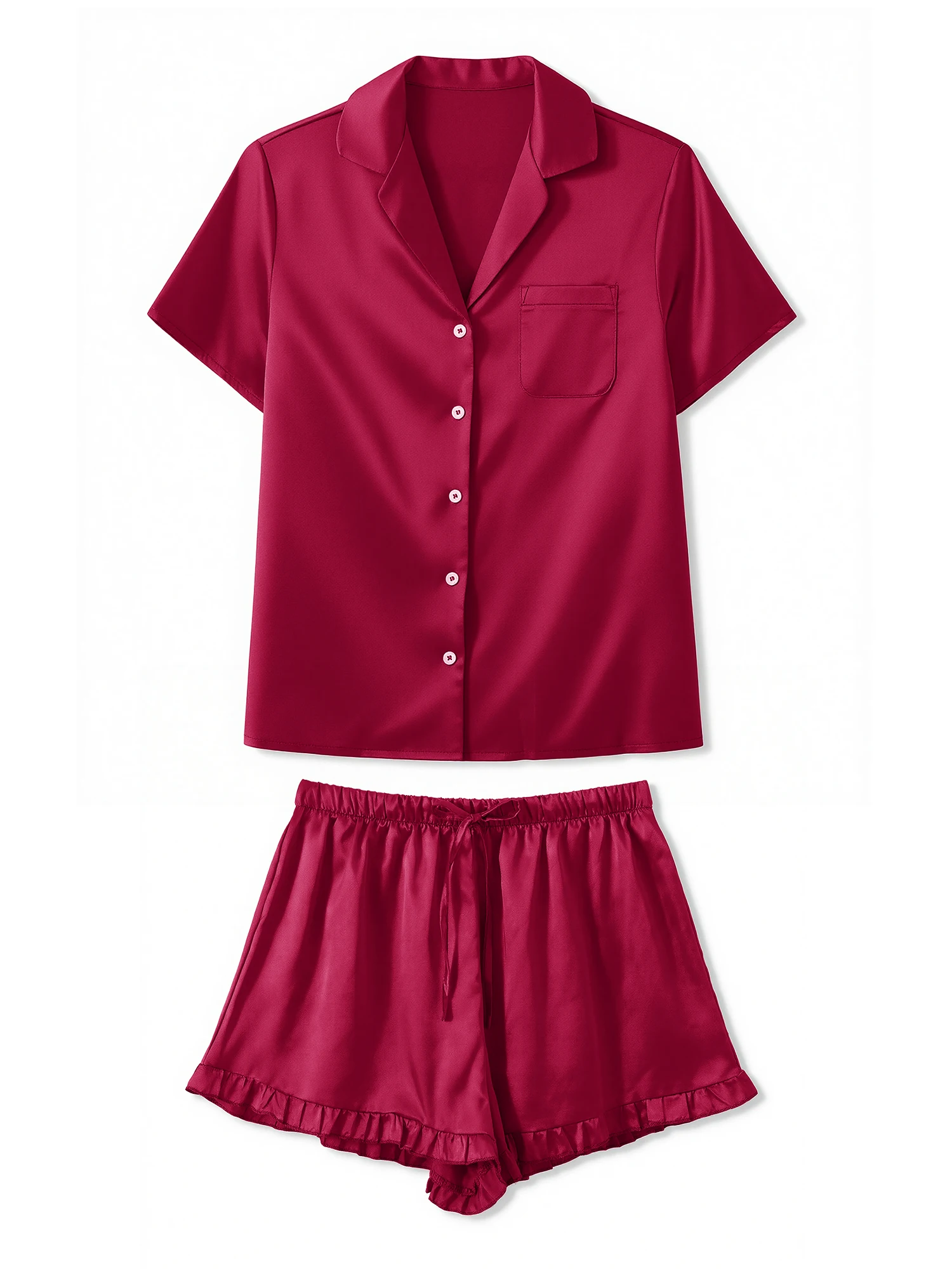 

Women’s 2 Piece Satin Pajamas Set Short Sleeve Button Up Shirt Ruffled Shorts Set Lounge Clothes