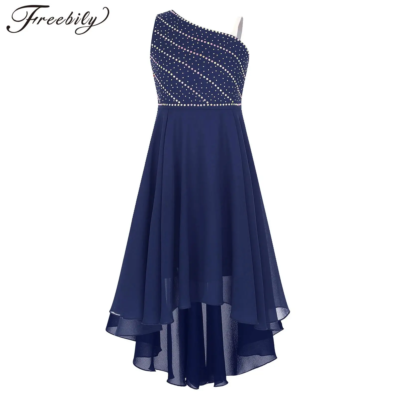 Kids Girls Chiffon One Shoulder Dress Rhinestone Sleeveless Dress Flower Girls Formal Evening Wedding Birthday Ball Prom Gown