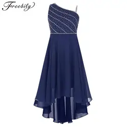 Kids Girls Chiffon One Shoulder Dress Rhinestone Sleeveless Dress Flower Girls Formal Evening Wedding Birthday Ball Prom Gown