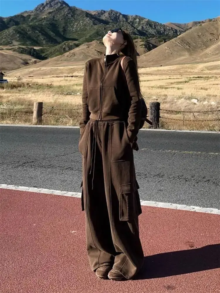 

plus Size Women's Fce Lined Sportswear Set ort Sweatirt Wide Leg Pants Two Piece Autumn Winter Casual Faion Ensemble