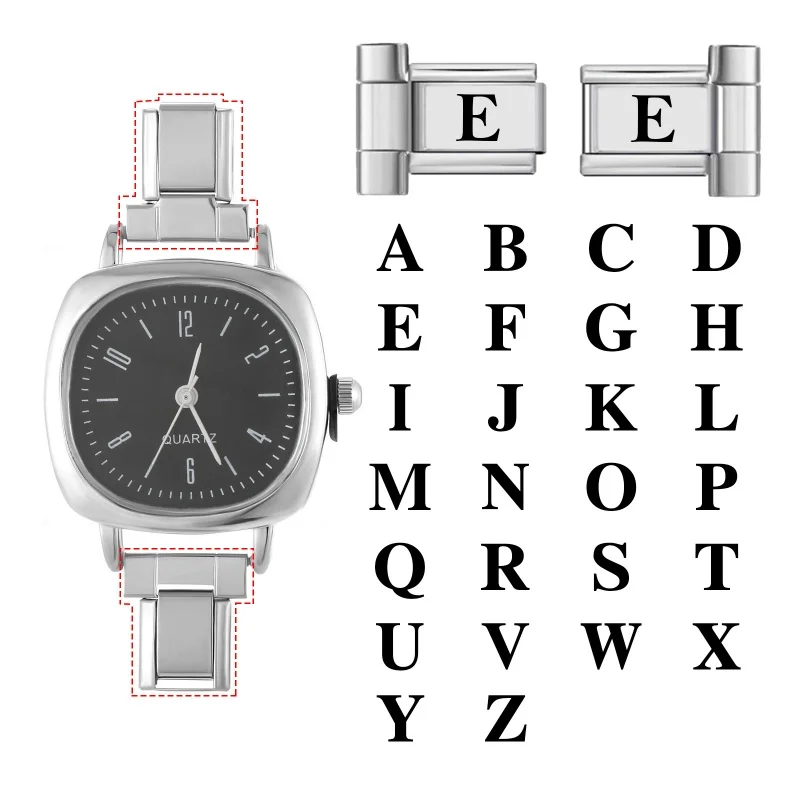 1PC Letter Customized Laser Engraving Watch Strap Connector Accessories Italian Charm DIY Making Stainless Steel Jewelry Gifts