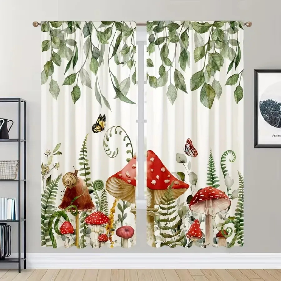 2 PCS Mushroom Vine Curtains, Forest Fairy Tale Style Window Drapes for Living Room Bedroom Home Decor Polyester Rod Pocket