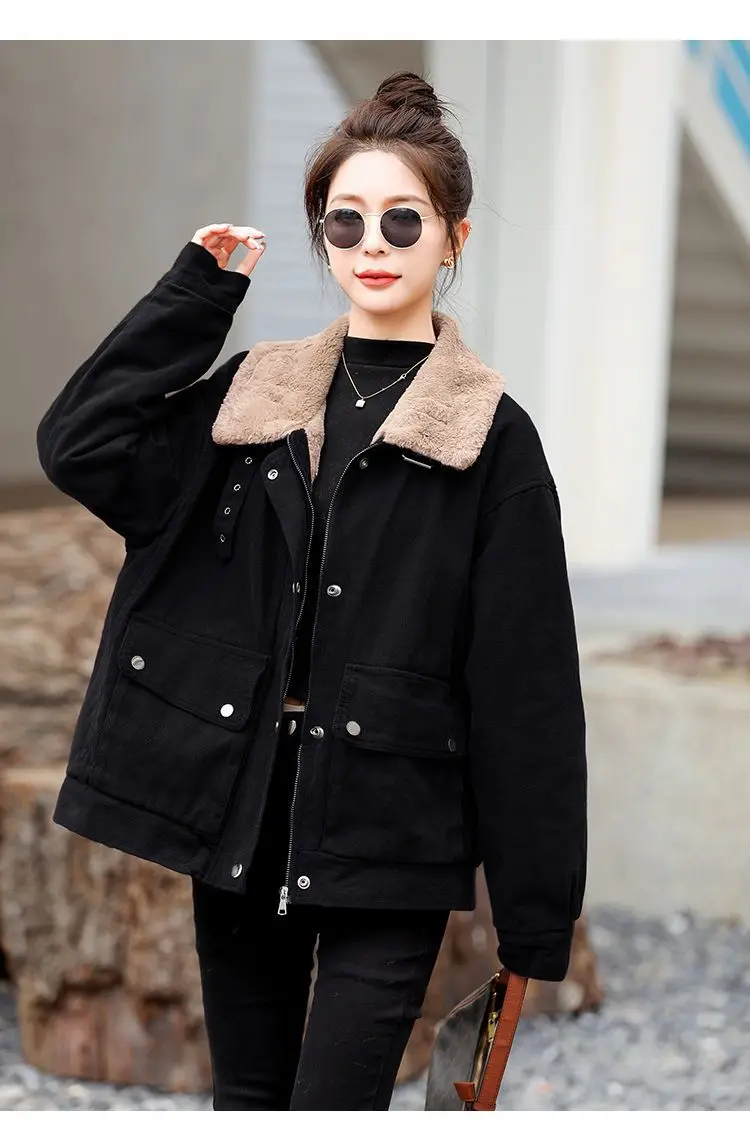 

Denim Coats With Rhinestone Woman Fur Plush Womens Autumn Fleece-Lined Adjustable Belted Hollowed Out College Stylish Outwears