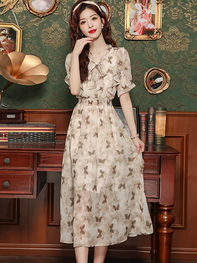 

2025 Print Chiffon Chic Ruffled Casual Long Dress Summer Puff Sleeve Elegant Bow Collar Dress Women Korean Bodycon Festival Robe