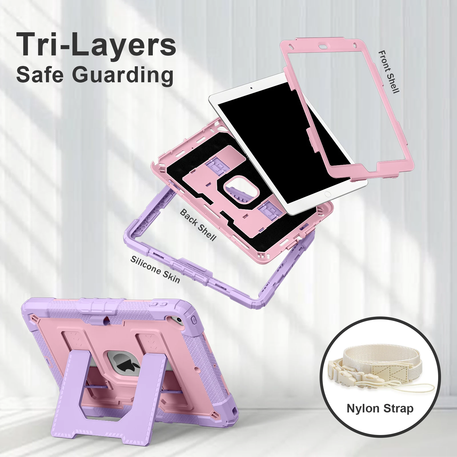 Larger Stand Case Universal For iPad 10.2 2019 2020 2021 7th 8th 9th Gen. Hybrid Cover 3-Layers Protection With Shoulder Strap