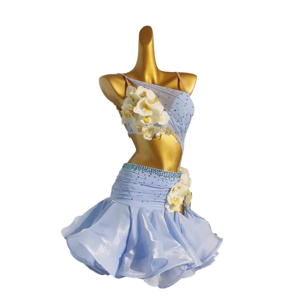 라틴 댄스 성인 및 아동 드레스 AB 스톤 하이 엔드 맞춤형 흰색 꽃 드레스 탱고 여성 전문 드레스