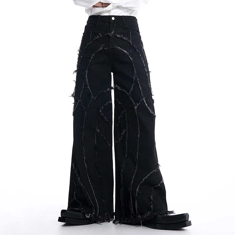 FEWQ Heren Deconstructief Ontwerp Niche Jeans Trendy Losse Rechte Wijde Pijpen Effen Kleur Darkwear Mannelijke Broek 24E2851