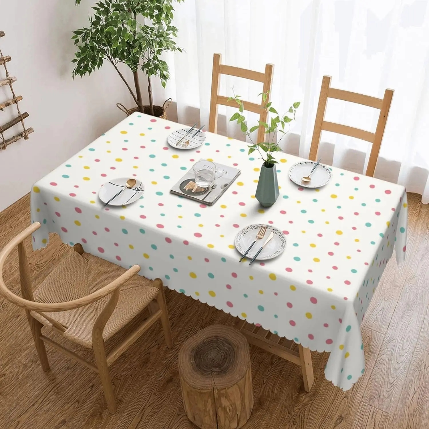 Rainbow Confetti Polka Dot Tablecloth, Premium Colorful Geometric Table Cover for Vibrant Festive Kitchen Party Decor