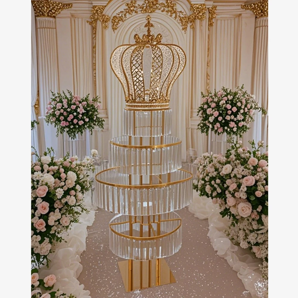 6pcs)130cm)New Wedding crown acrylic flower stand  Centerpiece Gold Candle Holder Flower Stand with acrylic chains