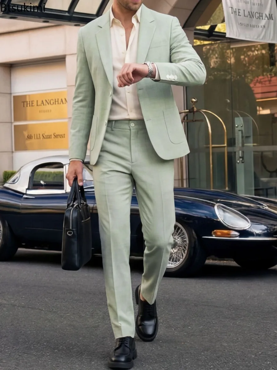 

2026 New Men's Business Solid Color Suit Pants Set Slim Fit Outfit with Large Pockets Spring Autumn Wear for Dinner and Wedding