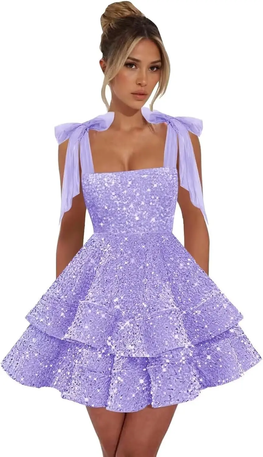 

Многоярусные платья для встречи выпускников с пайетками Короткое платье для выпускного вечера с квадратным вырезом для подростков Мини-платье трапециевидной формы с бантом Выпускное платье