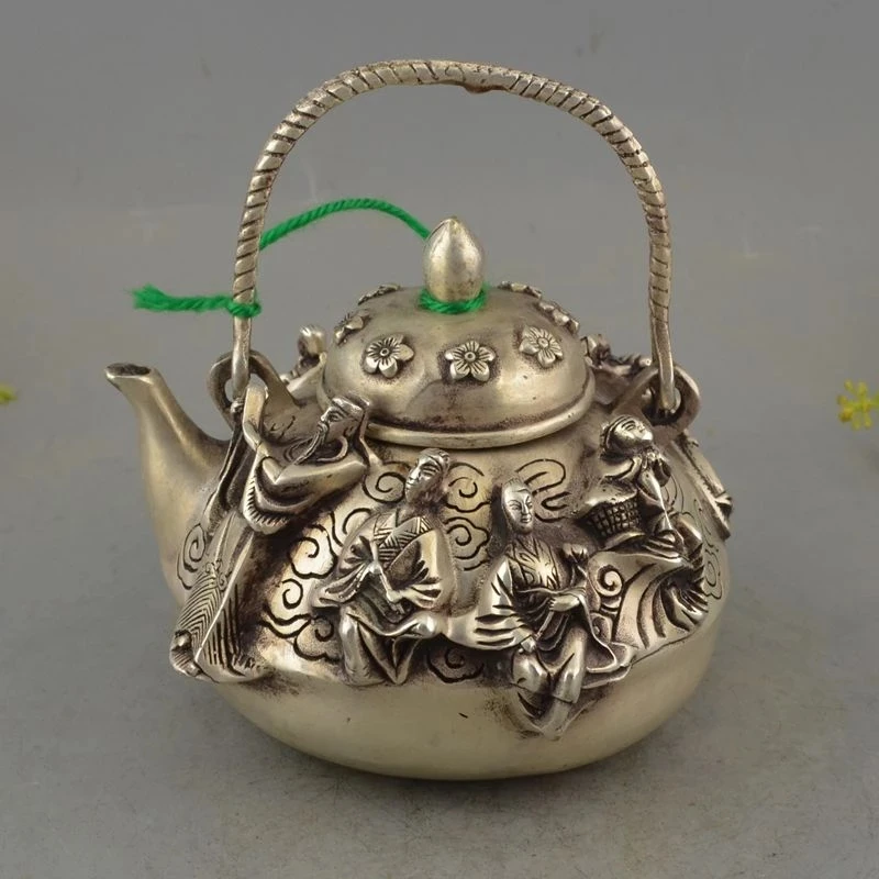 

Vintage excellent Old Statue tibet silver carved immortal teapot