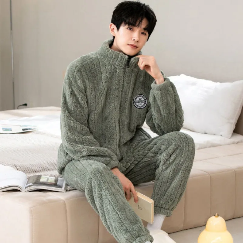 Pajamas Men Winter Fleece-lined Thicken Coral Fleece Thermal Nightclothes Male Flannel Large Size Stand Neck Homewear Suit 2024