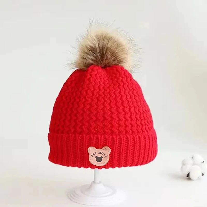 Fall Winter Baby Knit Hat Cartoon Bear Leather Label Thicken Fleece Cap for Boy Girls Cute Pompom Kids Beanie Infant Accessories