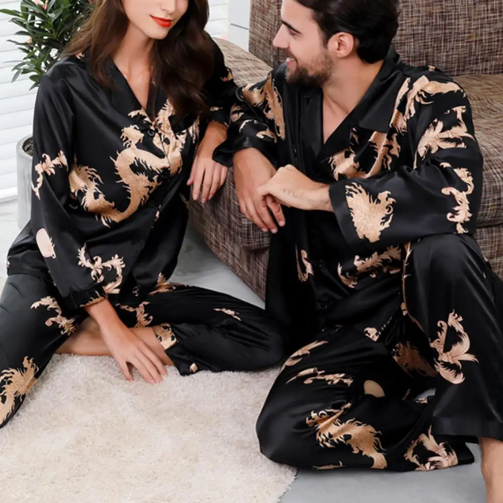 Imitation Silk Men Women Pajamas Set Dragon Print Couple Sleepwear Nightclothes Two-piece Pajama Homewear Pnats Set Loungewear