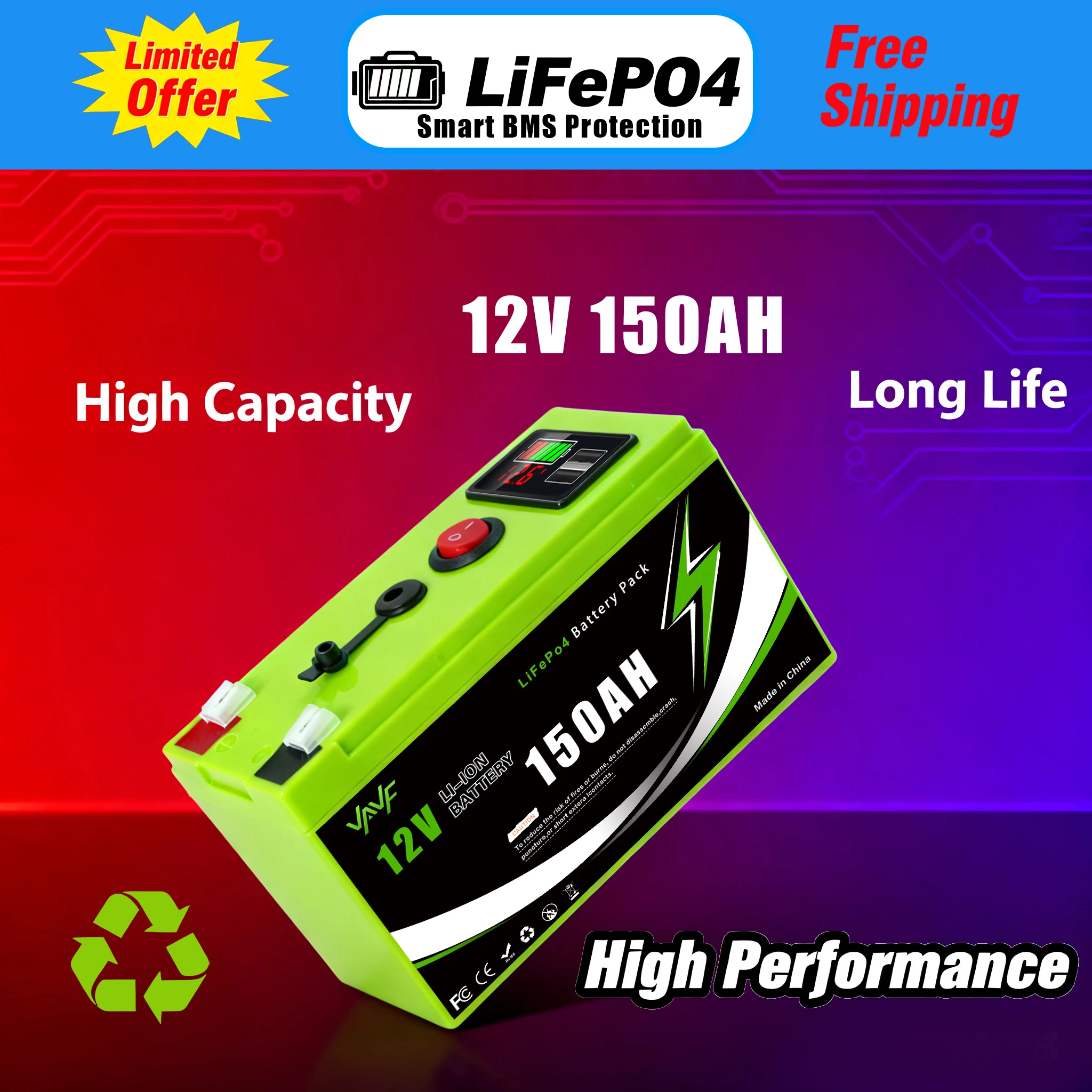 

12 В 18650 Батарея 150 Ач Литиевая батарея LiFeP04 с BMS 4000 + циклы Идеально подходит для солнечного эхолота с электроприводом на колесах Лодка для дома на колесах