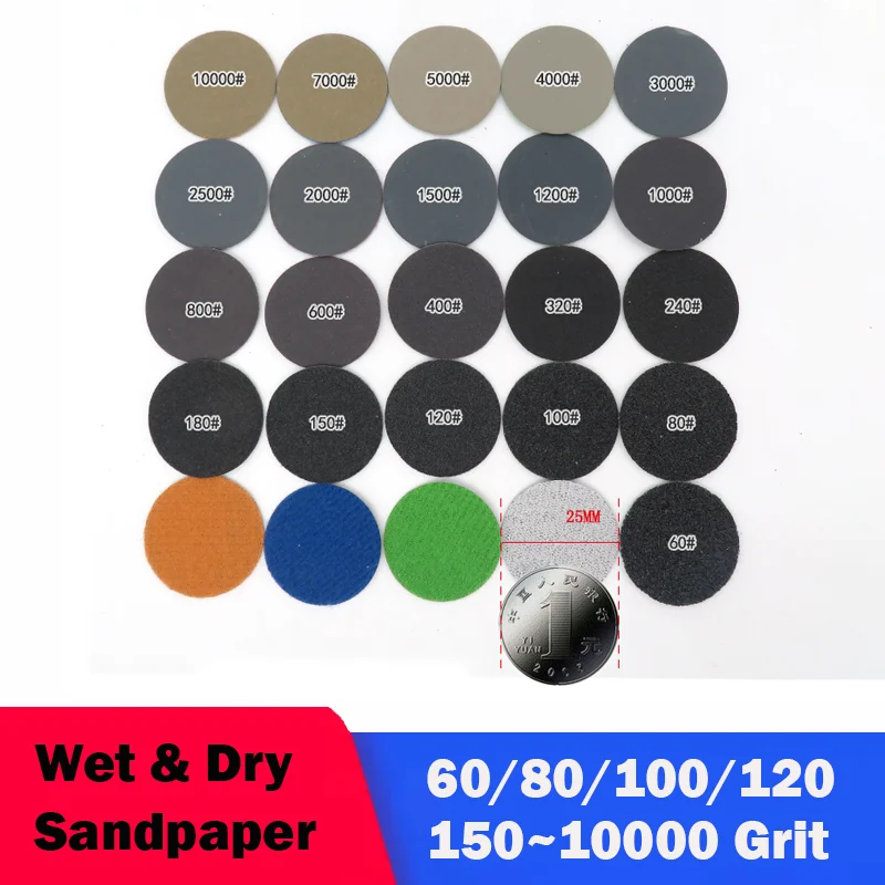 

1Inch 25mm Wet Dry Sandpaper 20-200Pcs Assorted 60/80/100/120/150~10000 Grit Loop Sanding Pad for Polishing Wood Car Detailing