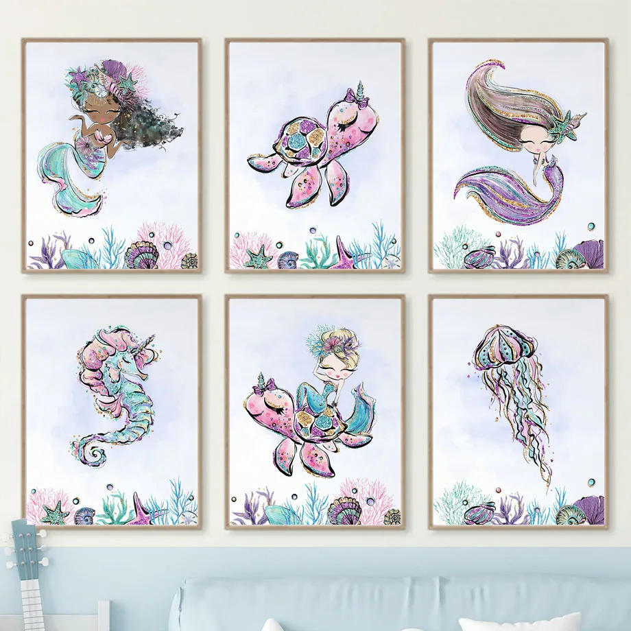 

Colorful Mermaid Starfish Turtle Jellyfish Ocean Nursery Wall Art Prints Canvas Painting Posters Wall Pictures Kids Room Decor