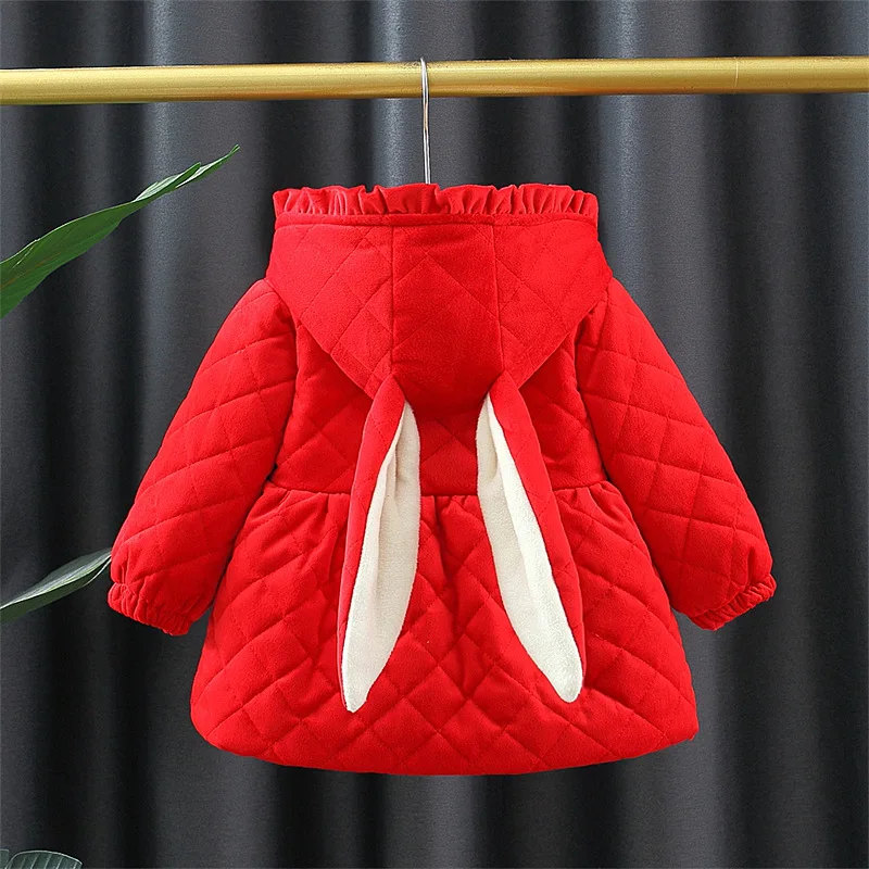 Winter 0-3 Girls\' Cotton Jacket Girls\' 3D Cartoon Rabbit Hooded Ears Solid Color Cute Plush Cotton Coat