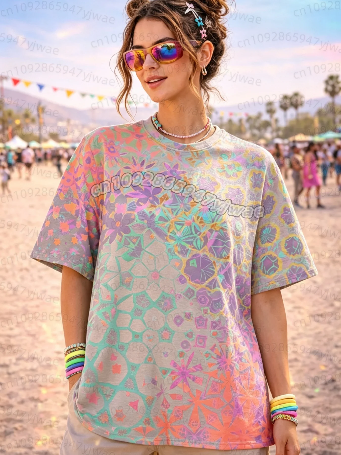Damen Rave Festival Outfit Oversized T-Shirt Trippy Psychedelic Kaleidoskop Mandala Blumendruck Kurzarm T-Shirt Boho Hippie S – Detail 4