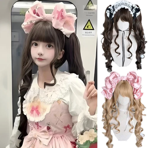 Peluca de Cosplay de onda larga con cola de caballo doble para mujer, pelucas sintéticas de Lolita para fiesta diaria, pelo resistente al calor dorado/chocolate