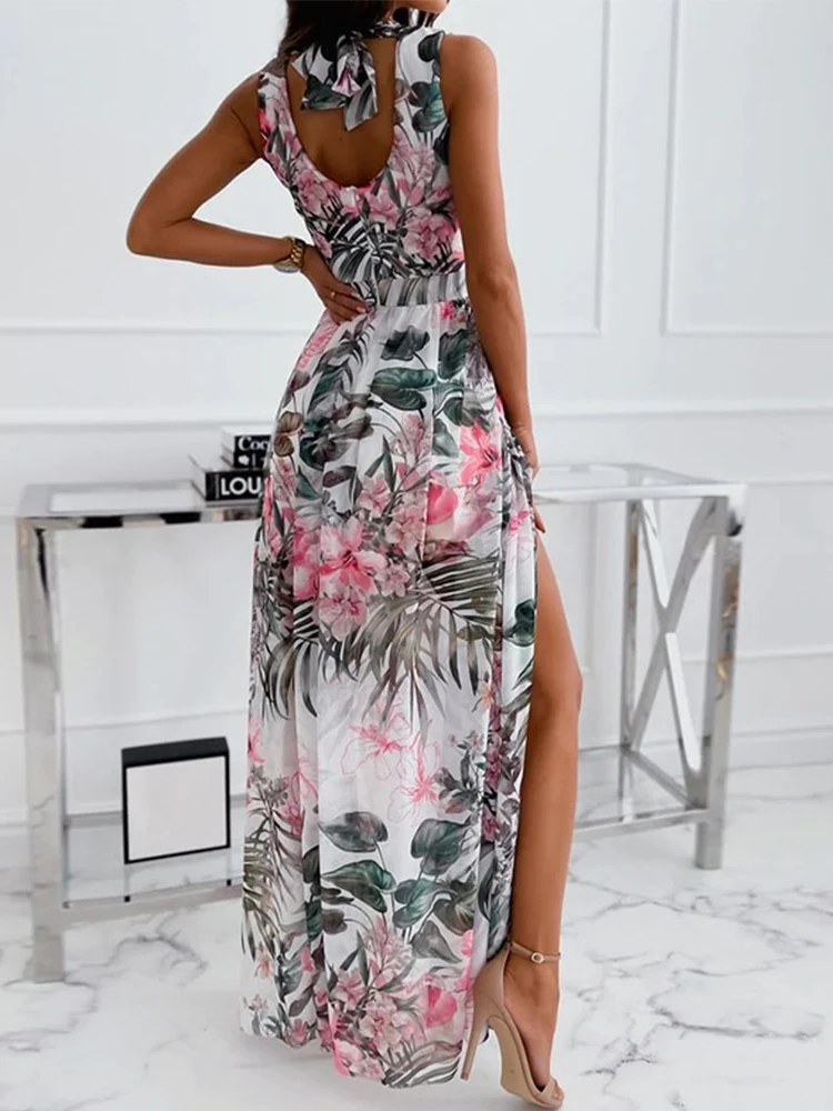 Summer Fashion Slim V-Neck Tie-Up Backless Chiffon Dress Sexy Sleeveless Slit Maxi Cover-Ups Robe Women Floral Print Beach Dress