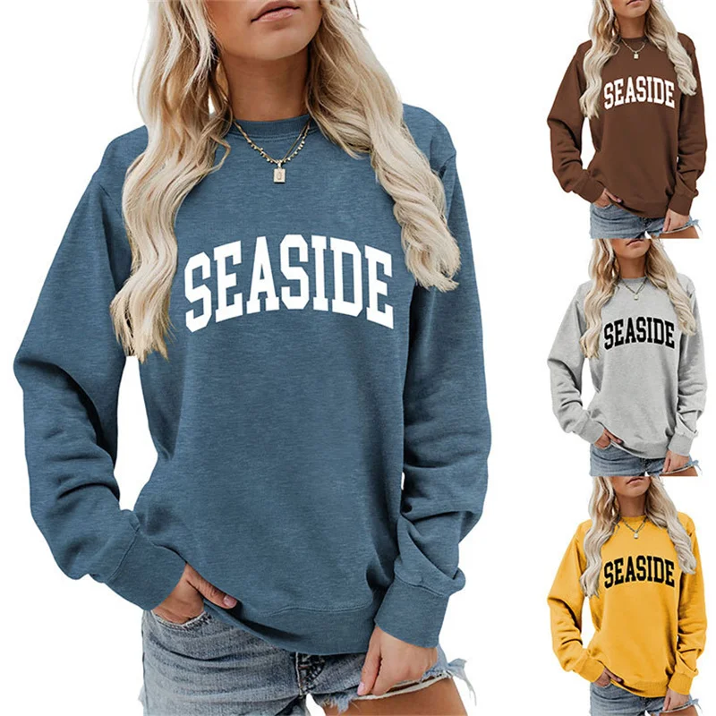 

New autumn and winter cotton fashion women's coat trend letters printed long sleeve seaside vintage round neck pullover hoodie