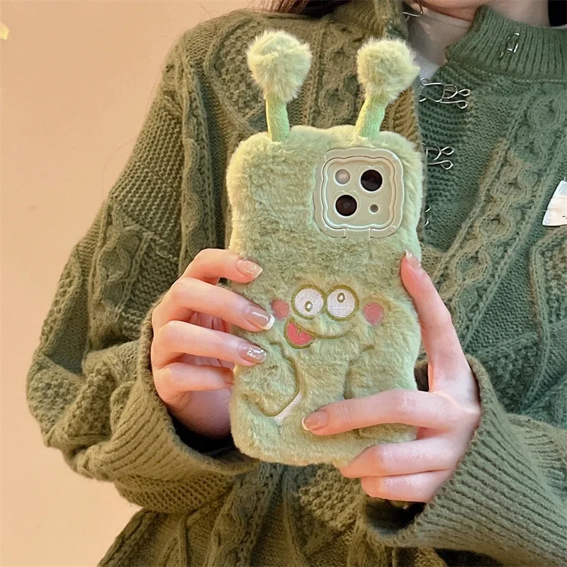 Green Monsters Warm Winter Plush Fur Cover For Huawei P40  P50  P60  Pura 70  Fluff Toy Camera tect Phone Case