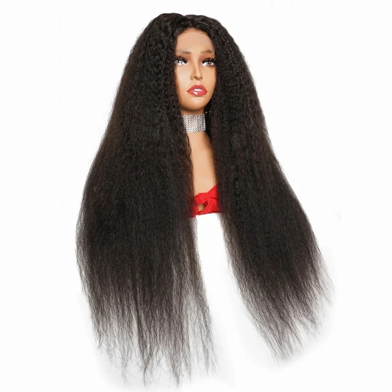 

Natural Black 30Inch long 180Density Yaki Kinky Straight Lase Front Wig For Women With BabyHairPreplucked Glueless Daily