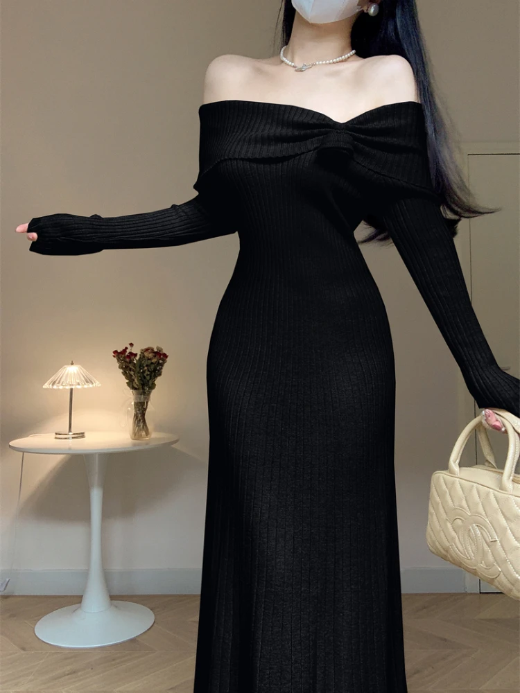 Women Sexy Off Shoulder Knitted Dress Autumn Winter Vintage Long Sleeve A-line Elegant Long Dresses Ladies Sweater Long Robe