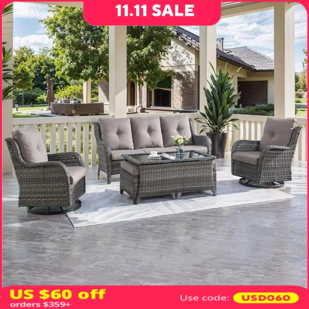 

Patio Furniture 6 Pieces Outdoor Furniture Set Wicker Outdoor Sectional Sofa with Swivel Rocking Chairs,Patio Ottomans