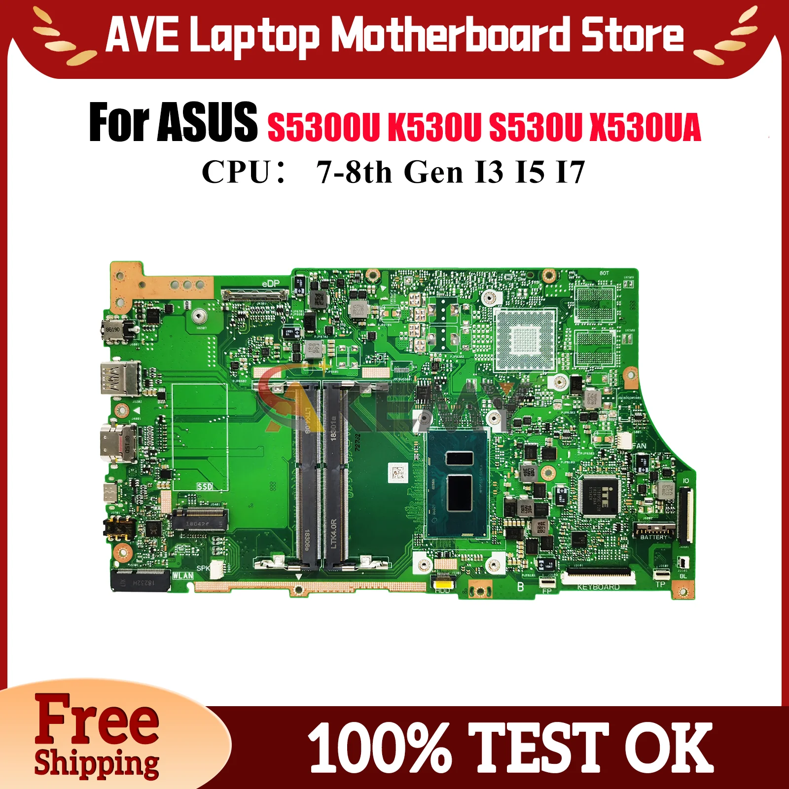 

X530UA Laptop Motherboard For ASUS VivoBook X530UA X530UN X530U K530U S530U S5300U Mainboard With I3 I5 I7 CPU 100% tests OK stk