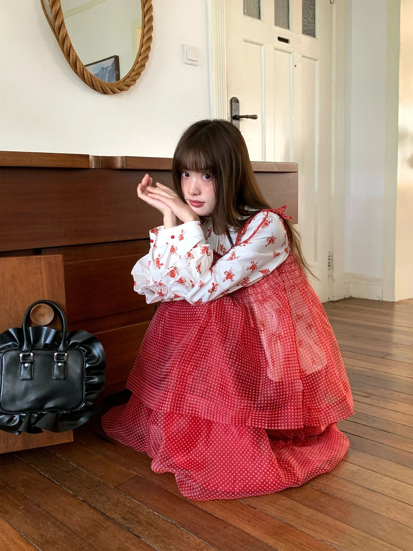 

Red Polka Dot Lace Sweet Small Audience Strap Cover up Ruffle Lantern Skirt Print Shirt Three Piece Set Women's Fashion Ensemble