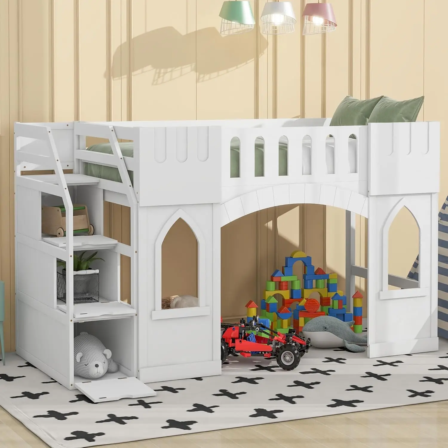 Low Loft Bed with Stairs, Twin Size Loft Bed with Storage Staircase and Window, Wood Loft Bed Frame for Kids Teens - White