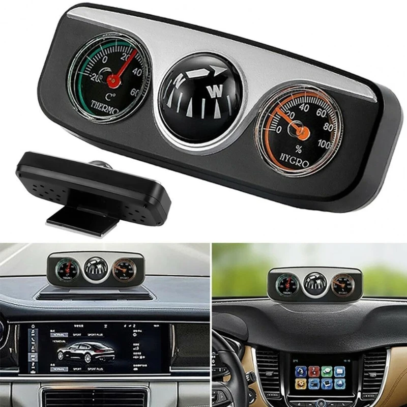 3in1 ABS Adhesive Auto Car Triple Gauge Set Compass Hygrometer Thermometer Convenient Navigation Ball Drop Shipping