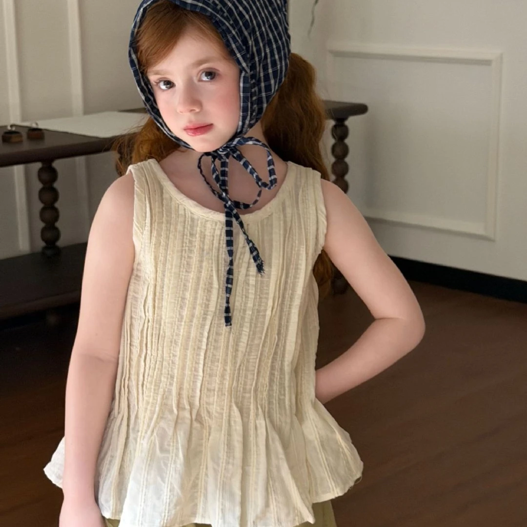 

Girls Top 2026 Spring and Summer New Children's Clothing Korean Style Girl Baby Sweet Temperament Pleated Sleeveless Shirt