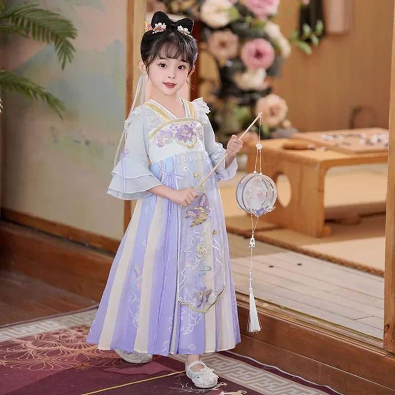 전통 어린이 요정 의상 소녀 핑크 꽃 자수 Hanfu 드레스 중국 스타일 사진 코스프레 당나라 정장