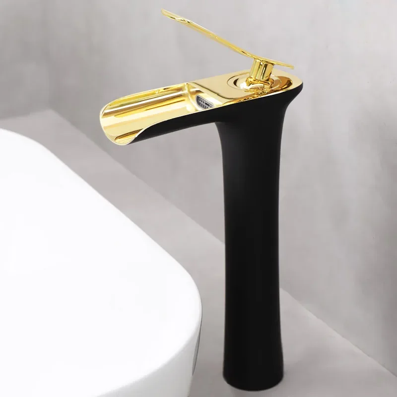 

Basin Faucet Gold Waterfall Faucet Brass Bathroom White Bathroom Basin Mixer Tap Hot and Cold White Sink faucet