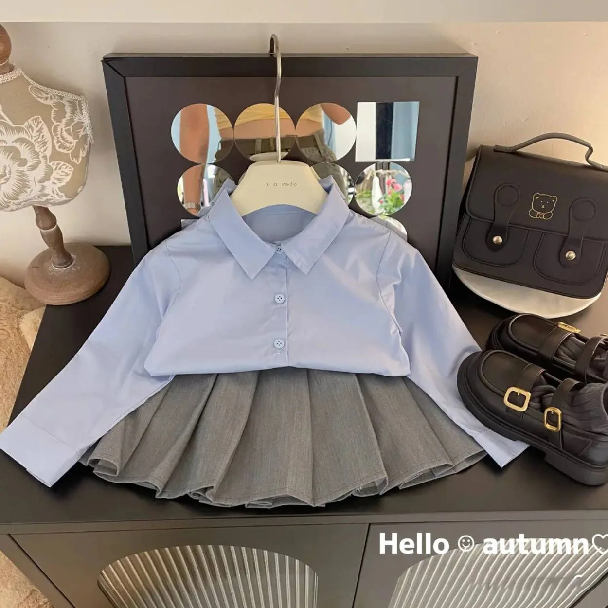 2024 Autumn Kids Baby Girls 3PCS Clothes Set Cotton Blue Shirts Pleated Gray Skirts Knitted Cardigan Suit Toddler Girls Outfits