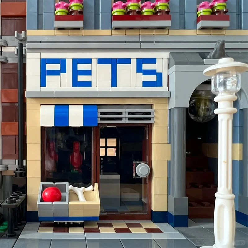 Bloques de construcción para tienda de mascotas, 2032 Uds., tienda de mascotas, vista a la calle de la ciudad, modelo de arquitectura, montar ladrillos, juguete para regalo para chico, niña y adulto