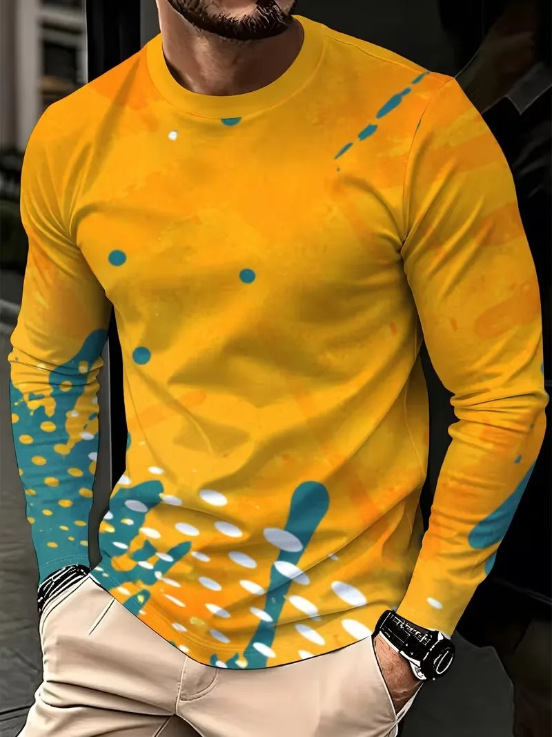 2026 autumn and winter men's new long sleeved round neck T-shirt, 3D fashionable fully printed casual versatile men's top