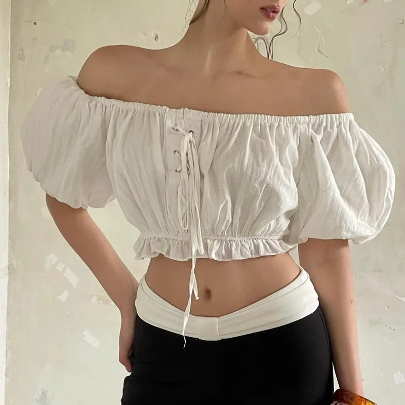 

Sexy Backless Slash Neck Folds Lace up Short Puff Sleeves Solid Short Tops Summer Women's T-shirt New Skinny Tops Women Clothing