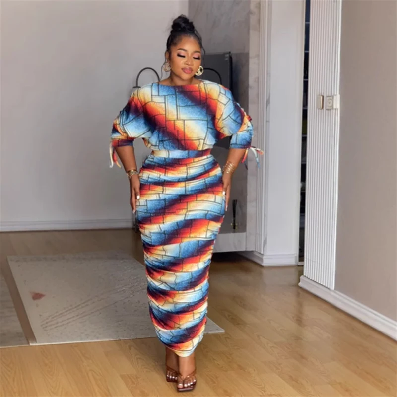 

Sexy Geometric Colour Printing Dress Sets Womens 2 Piece Outfit Set Party Long Sleeve Shirring Top and Long Skirt Matching Sets