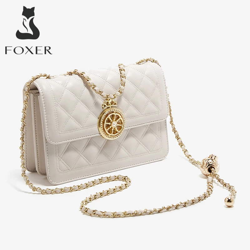 FOXER Women Crossbody Shoulder Bag Withe PU Leather Messenger Bag Chains Flap Pocket Designer Lady Stylish Lattice Classical Bag