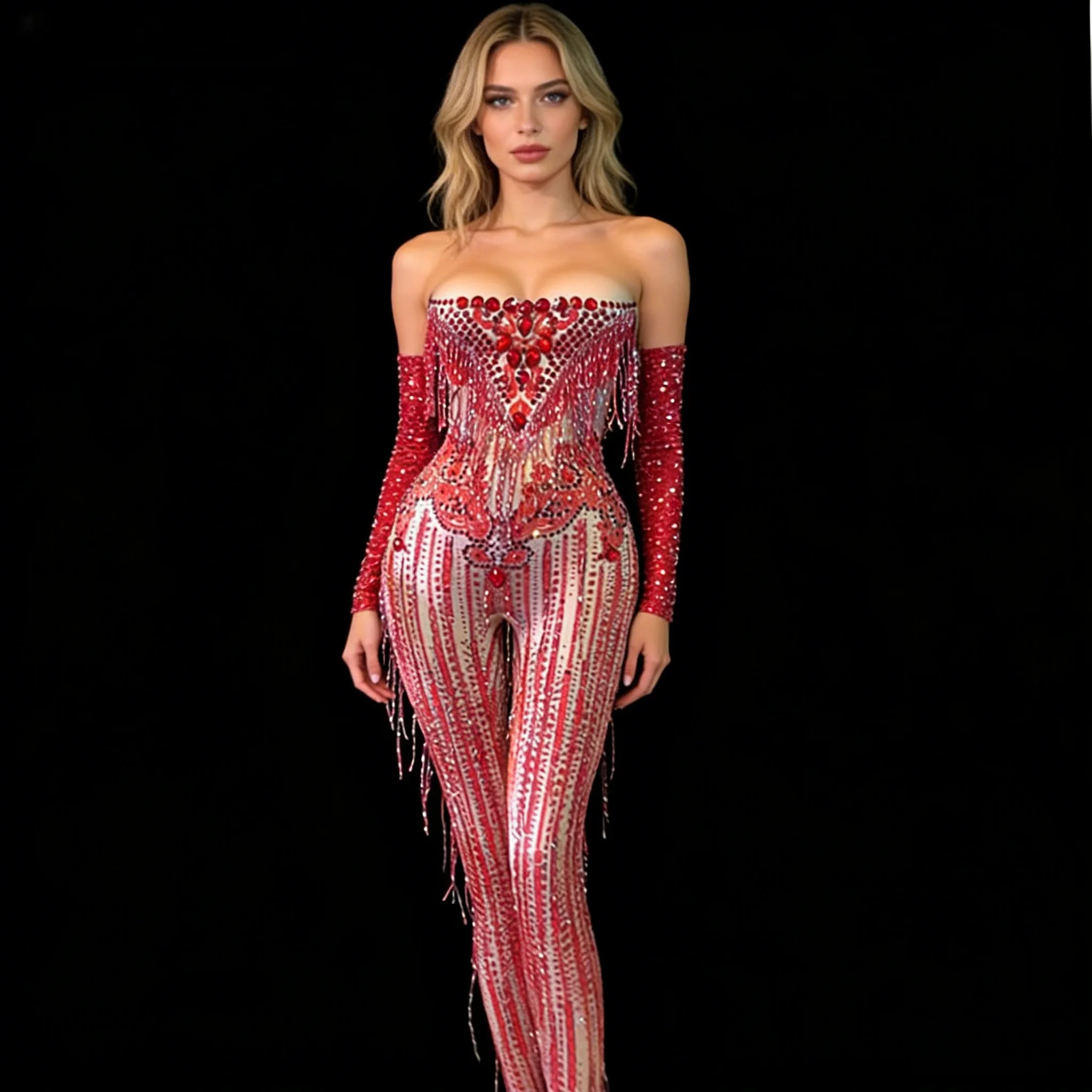 

Блестящий красный комбинезон с бахромой из страз для выступлений в барах, ночных клубах, на сцене, для вечеринок, танцевальных шоу и праздников