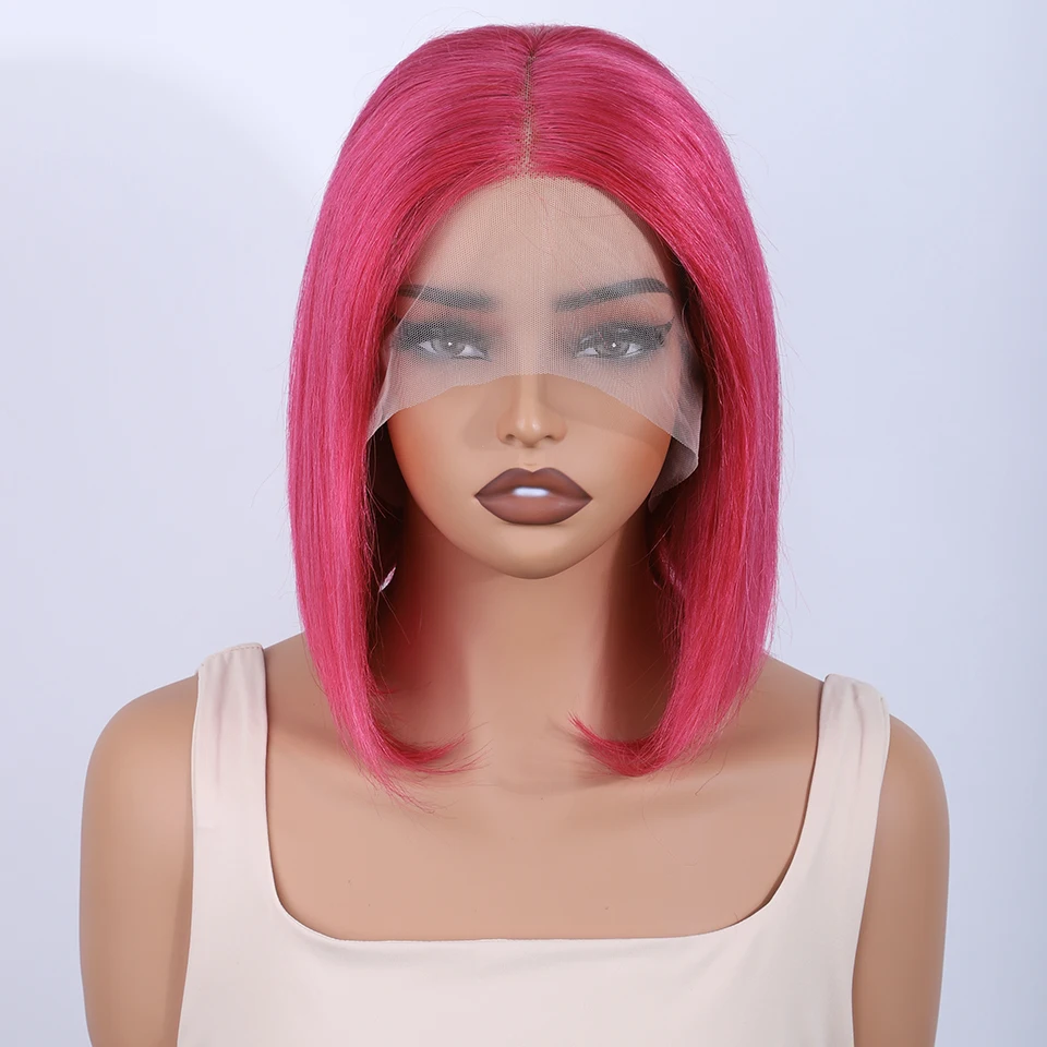 Lekker Red Pink 100% Human Hair Wigs Long Pixie Cut Straight Bob Middle Part La… - Image 2