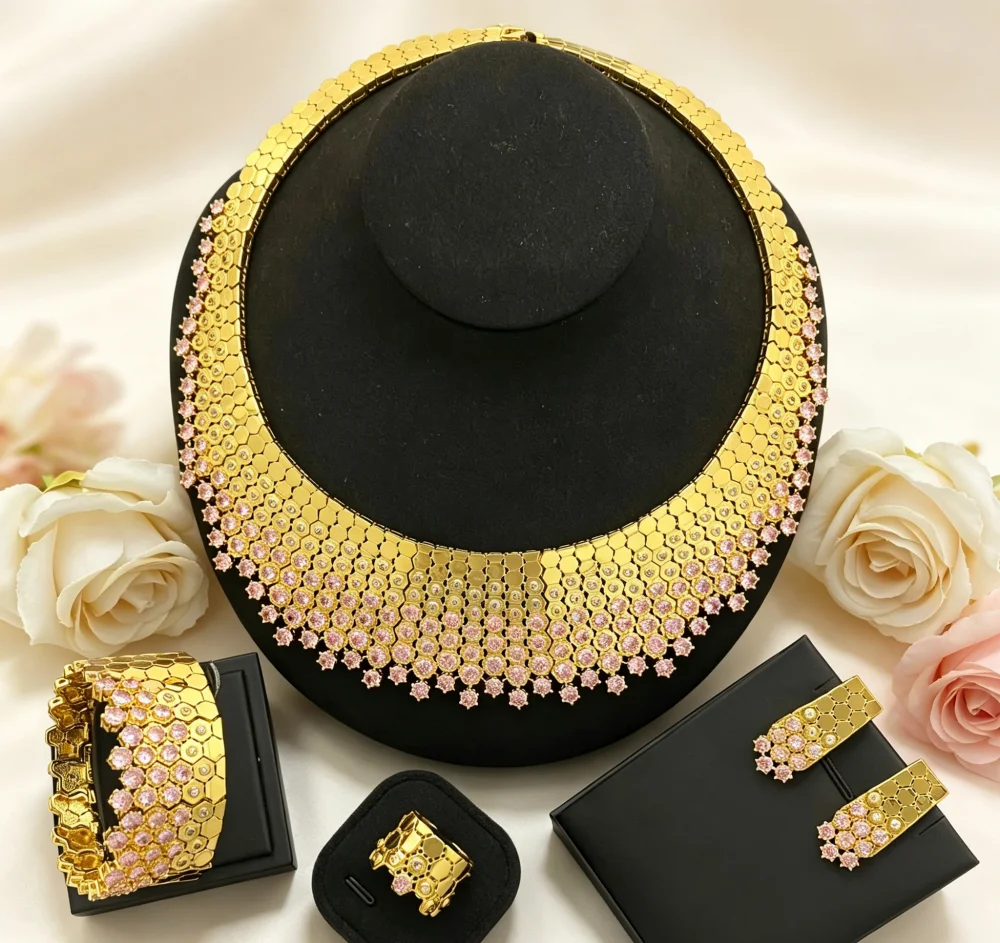 JRH Classic Women's Jewelry Set Gold Plated Copper Zirconia Necklace Earrings Bracelet Ring - Gift for Anniversaries