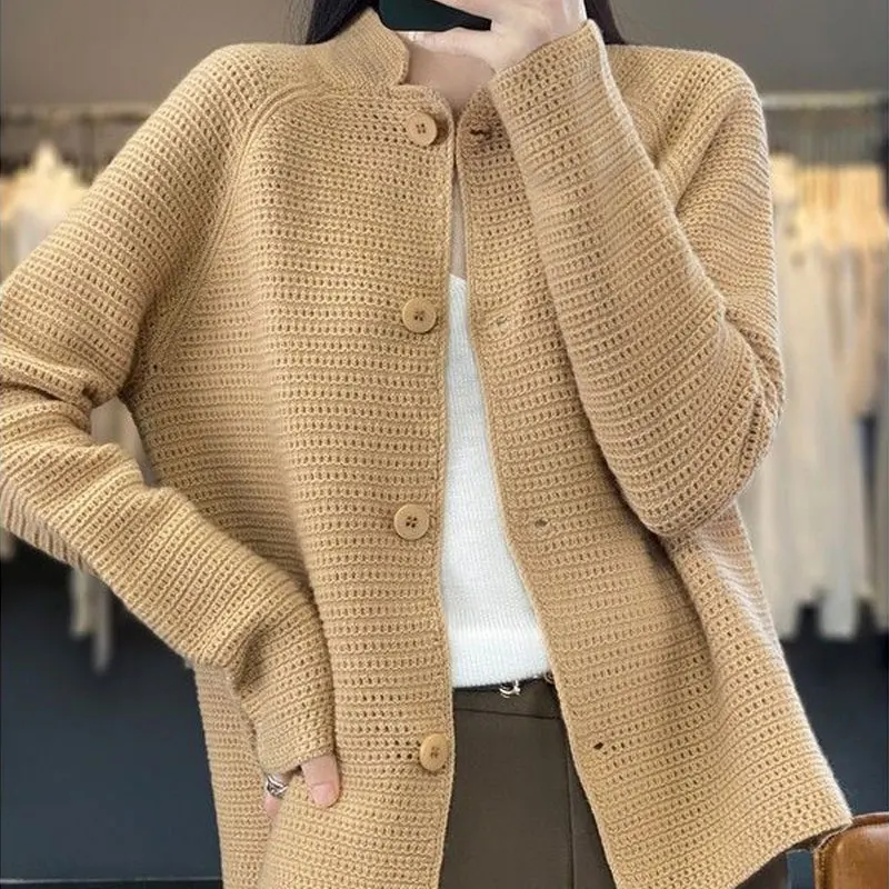 Female Clothing Stand Collar Cardigan Spring Autumn Casual Single-breasted Basic Solid Color Stylish Hollow Out Knitted Sweaters